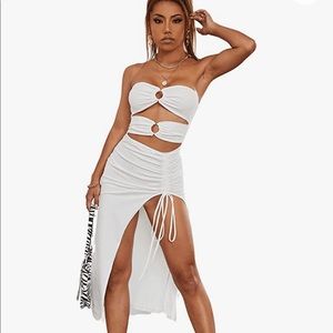 Verdusa Women's Cut Out Off Shoulder Drawstring Ruched Split Long Tube Dress